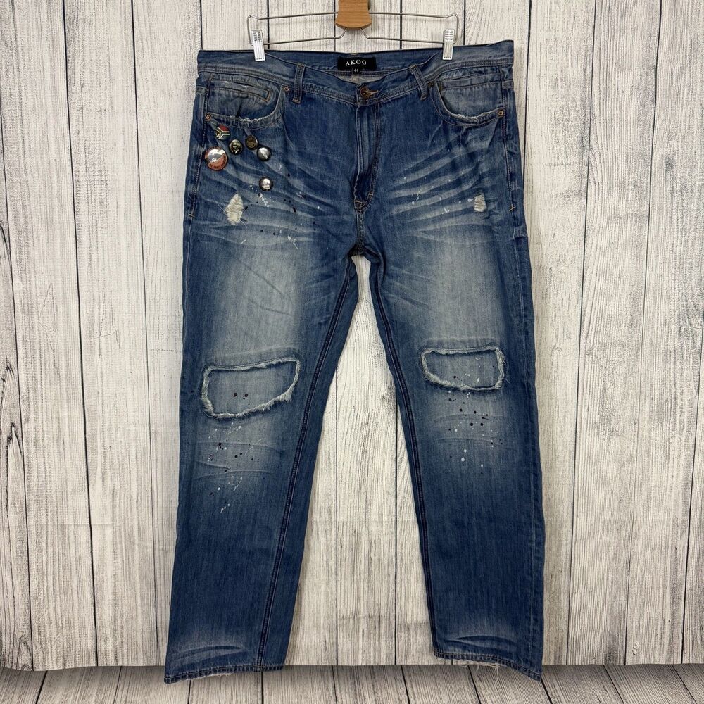 AKOO Men's W44 x L33 Blue Distressed Painted w/ Pins Big Oak Fit Denim Jeans Y2K